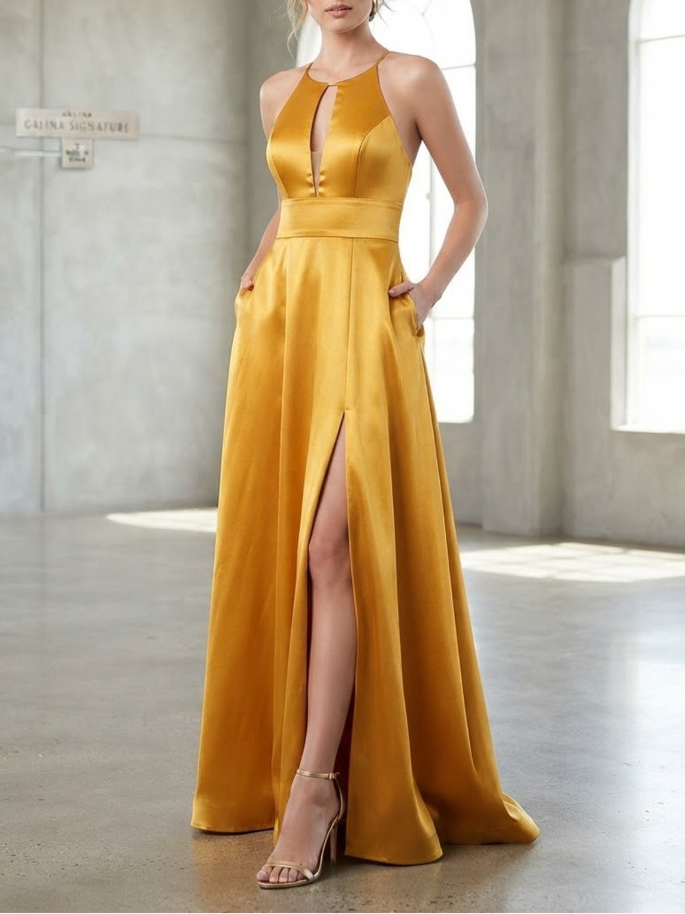 JJs House Mustard Halter Satin Maxi Dress with Front Slit